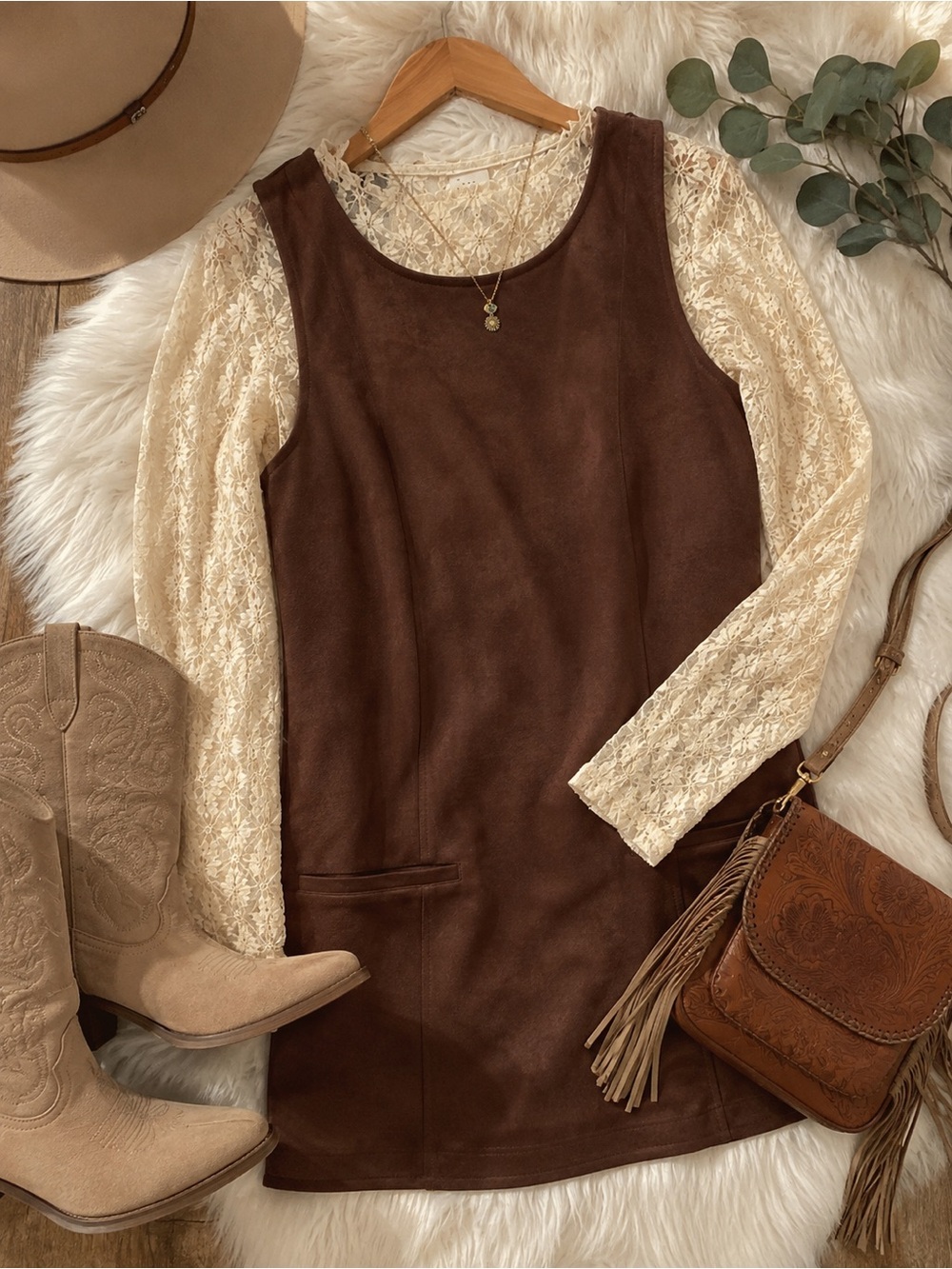 A New Day Brown Suede Shift Dress Size 6+Cream Lace Top Medium| 2 Piece Outfit